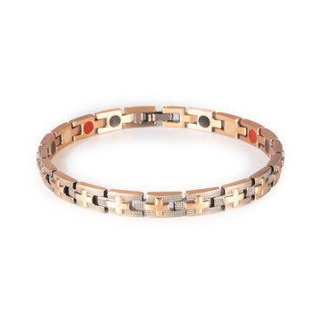 Crossroads copper negative ion bracelet clasped front view, slim unisex design with cross pattern.